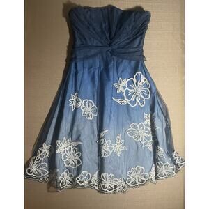 Coast Women’s 14 Dress Formal Blue Short Embroidered White Flowers Strapless